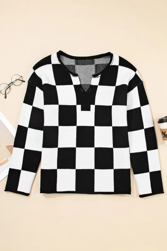 Checked Notched Neckline Drop Shoulder Knit Sweater sold by eAura