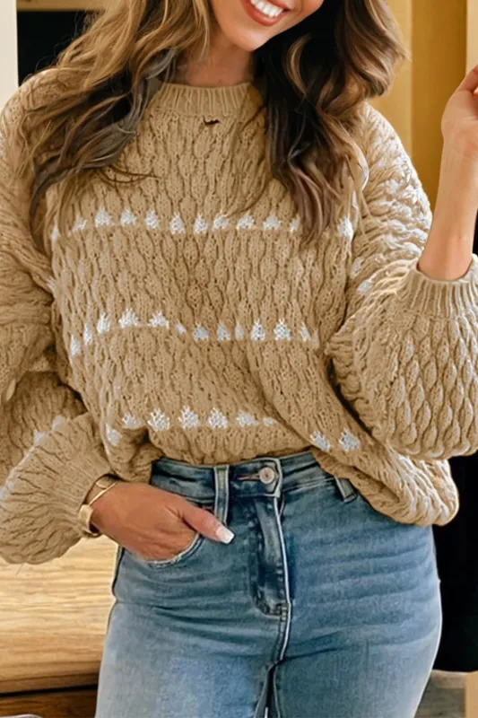 Contrast Detail Textured Knit Puff Sleeve Baggy Sweater sold by eAura