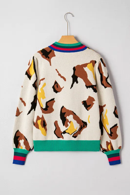 Contrast Ribbed Stripes Detail Animal Pattern Knit Sweater sold by eAura