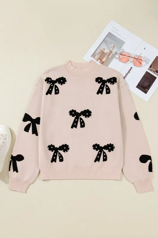 Pearl Embellished Bow Pattern Loose Sweater sold by eAura