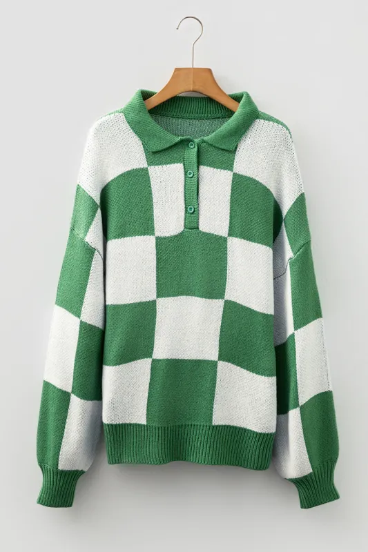 Checkered Pattern Polo Collar Loose Sweater sold by eAura