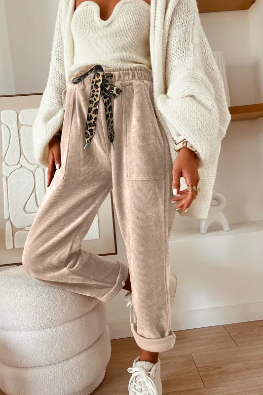 Soft Corduroy Leopard Drawstring High Waist Trousers sold by eAura