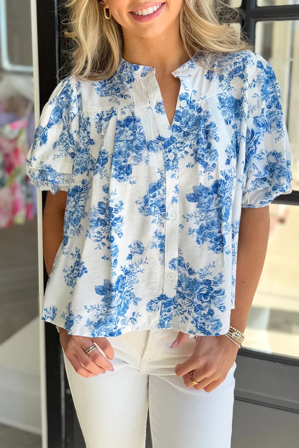 Sky Blue Floral Tiered Puff Short Sleeve Pleated Bust Buttoned Casual Shirt sold by eAura