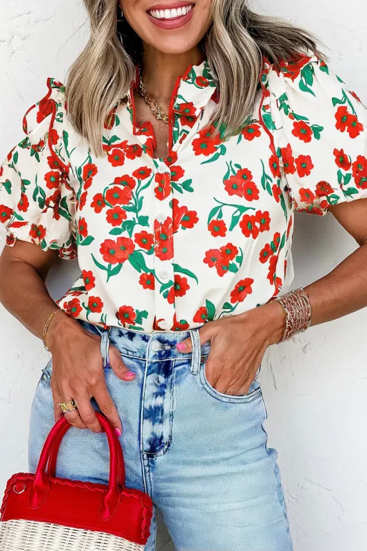 Red Floral Print Ruffled Puff Sleeve Elegant Summer Shirt sold by eAura