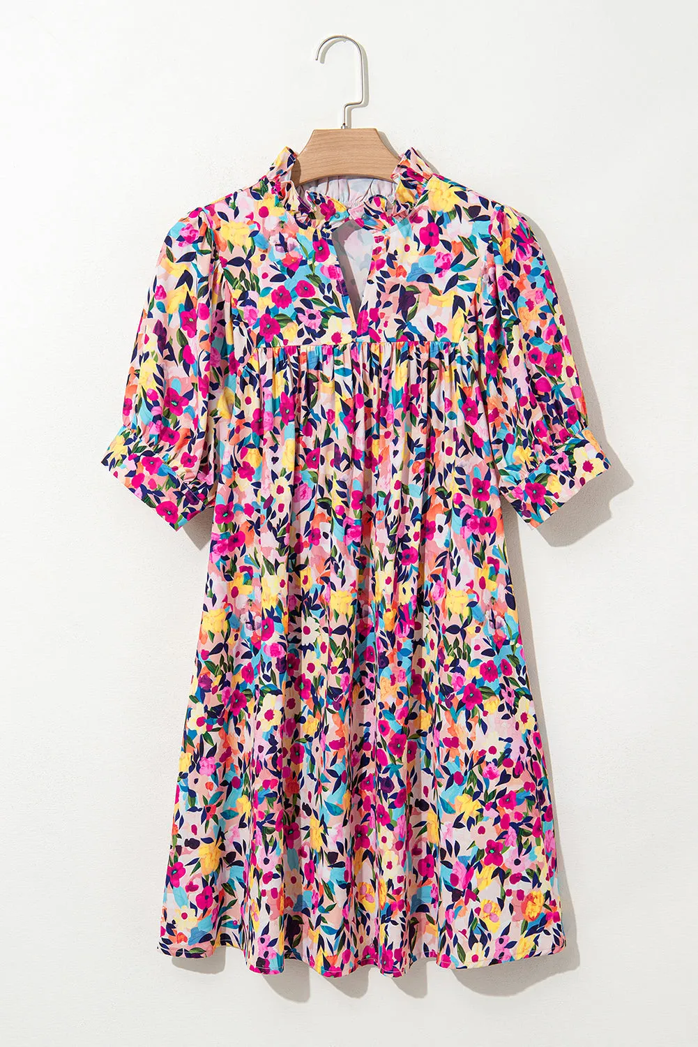 Pink Floral Puff Short Sleeve V Neck Mini Dress sold by eAura product image thumbnail 4