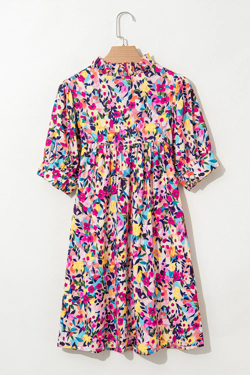 Pink Floral Puff Short Sleeve V Neck Mini Dress sold by eAura product image thumbnail 5