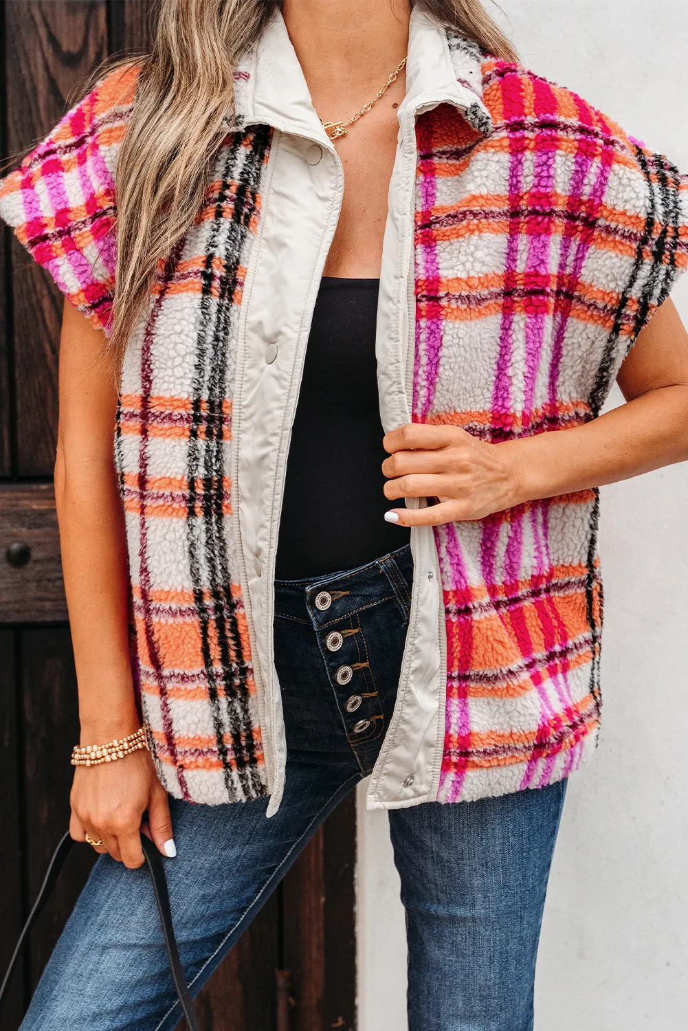 Rose Sherpa Plaid Jacket Vest sold by eAura product image thumbnail 3