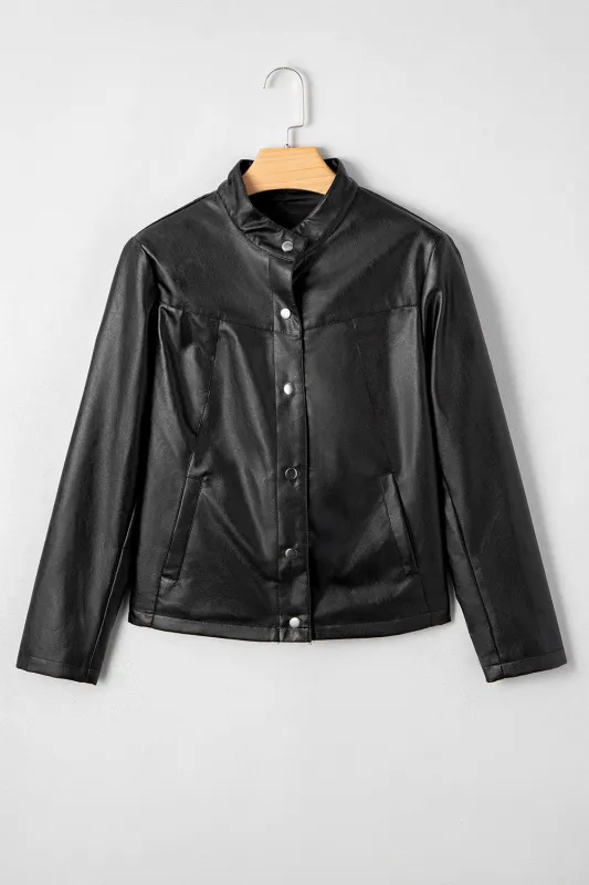 Black Faux Leather Buttoned Front Boxy Jacket sold by eAura