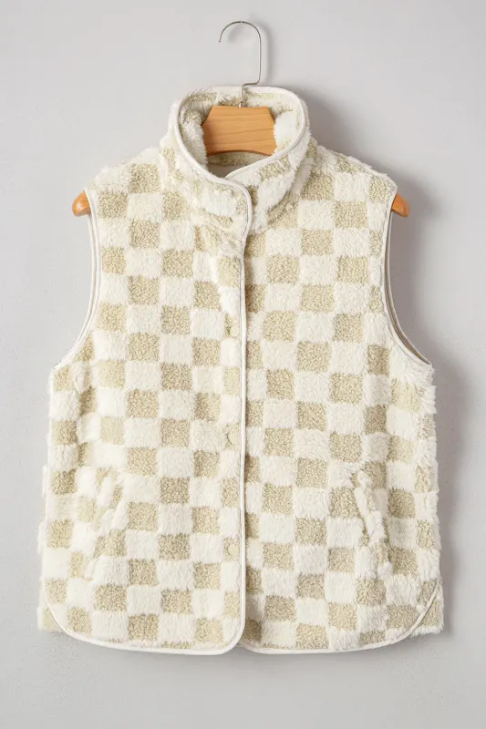 Sherpa Checkerboard Snap Button Vest Jacket With Pocket sold by eAura