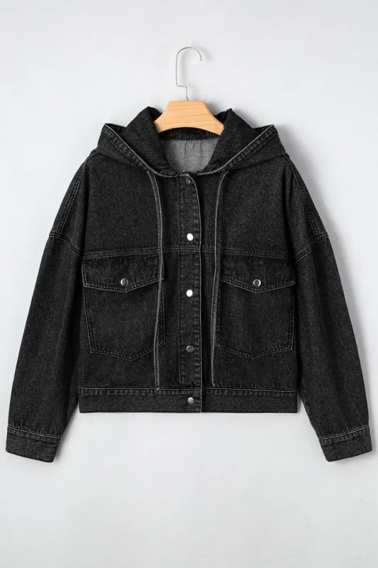 Black Big Chest Pocket Drop Shoulder Hooded Denim Jacket sold by eAura