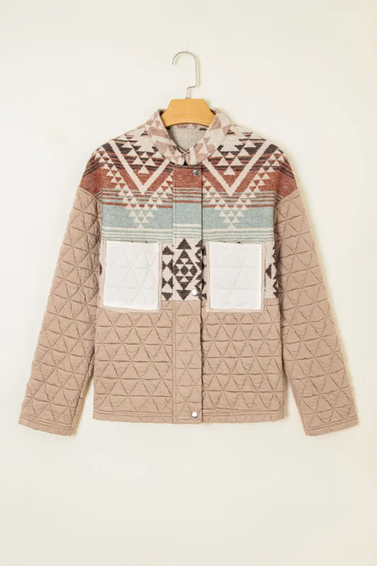 Beige Aztec Quilted Patchwork Western Jacket sold by eAura