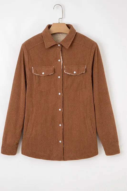Cinnamon Fleece Lined Buttoned Flap Pockets Corduroy Jacket sold by eAura