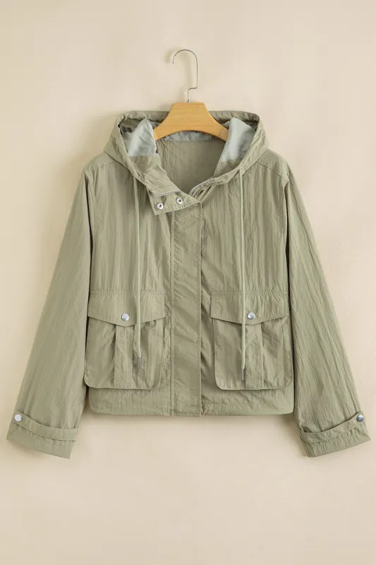 Green Zipped Pocket Cropped Hooded Utility Jacket sold by eAura
