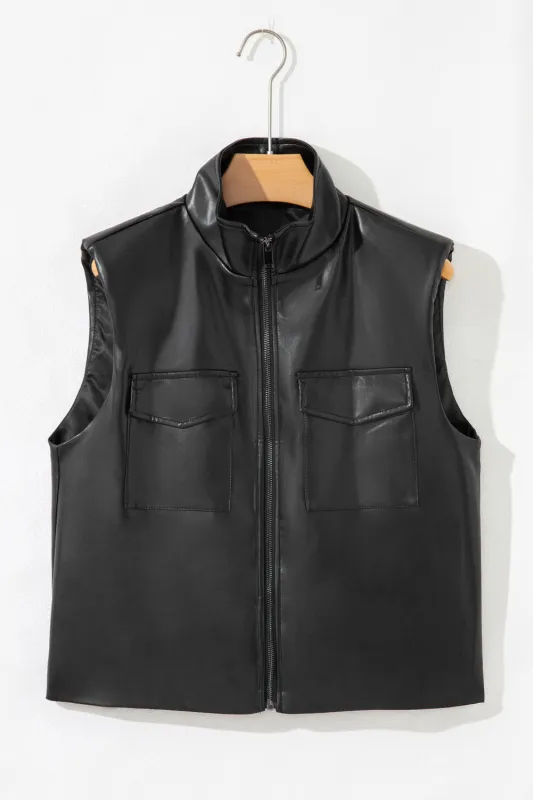 Black Double Flap Pocket Faux Leather Zip Up Stand Neck Vest sold by eAura