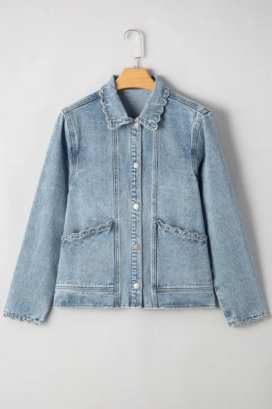 Scallop Trim Collar Patched Pocket Button Up Denim Jacket sold by eAura