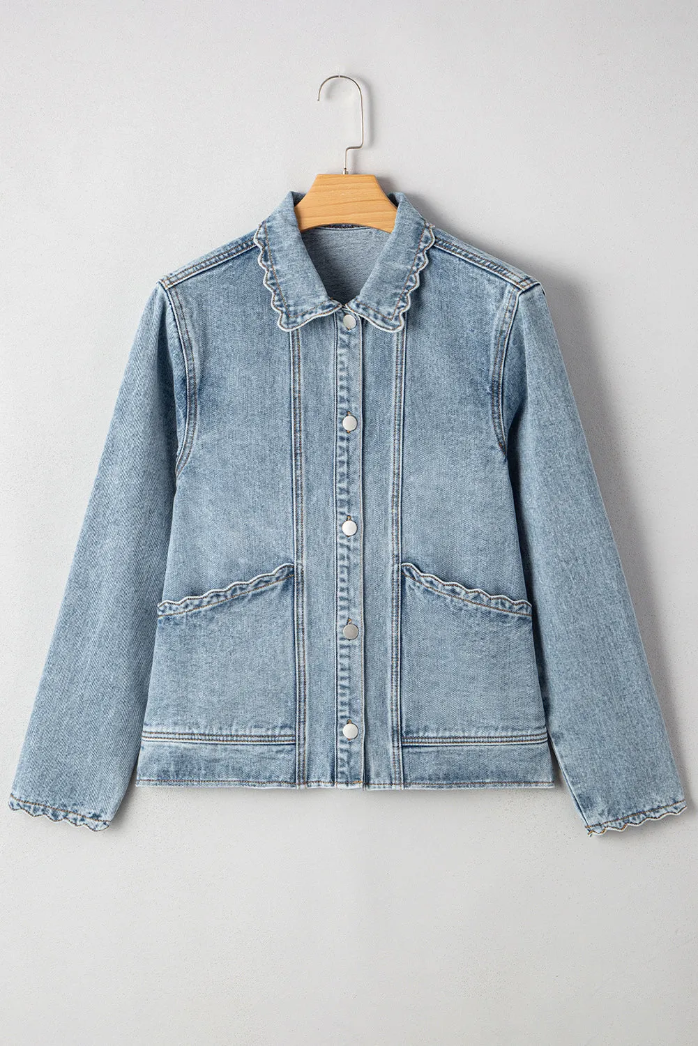 Scallop Trim Collar Patched Pocket Button Up Denim Jacket sold by eAura
