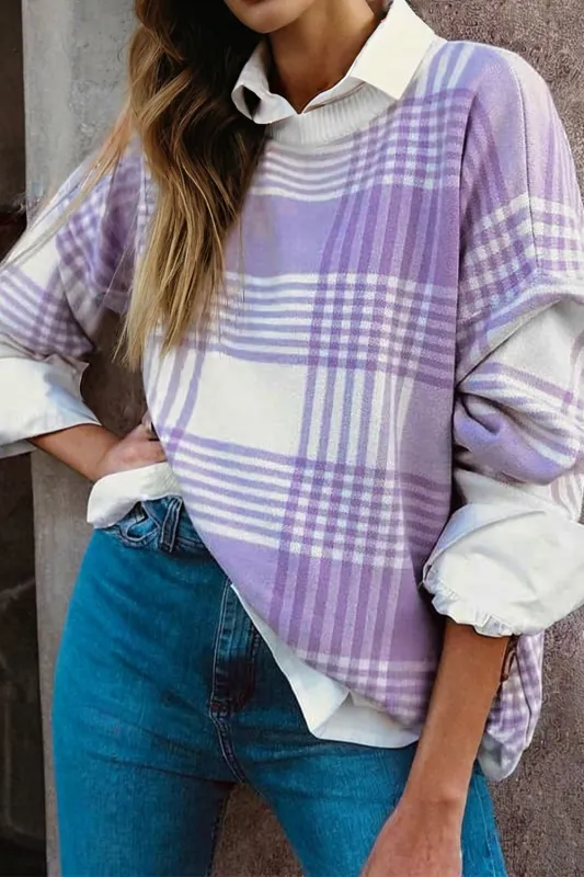 Lilac Plaid Print Ribbed Trim Loose Sweater sold by eAura