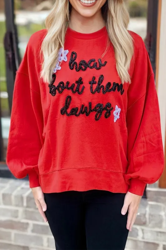 Fiery Red How Bout Them Dawgs Embroidered Script Balloon Sleeve Sweatshirt sold by eAura