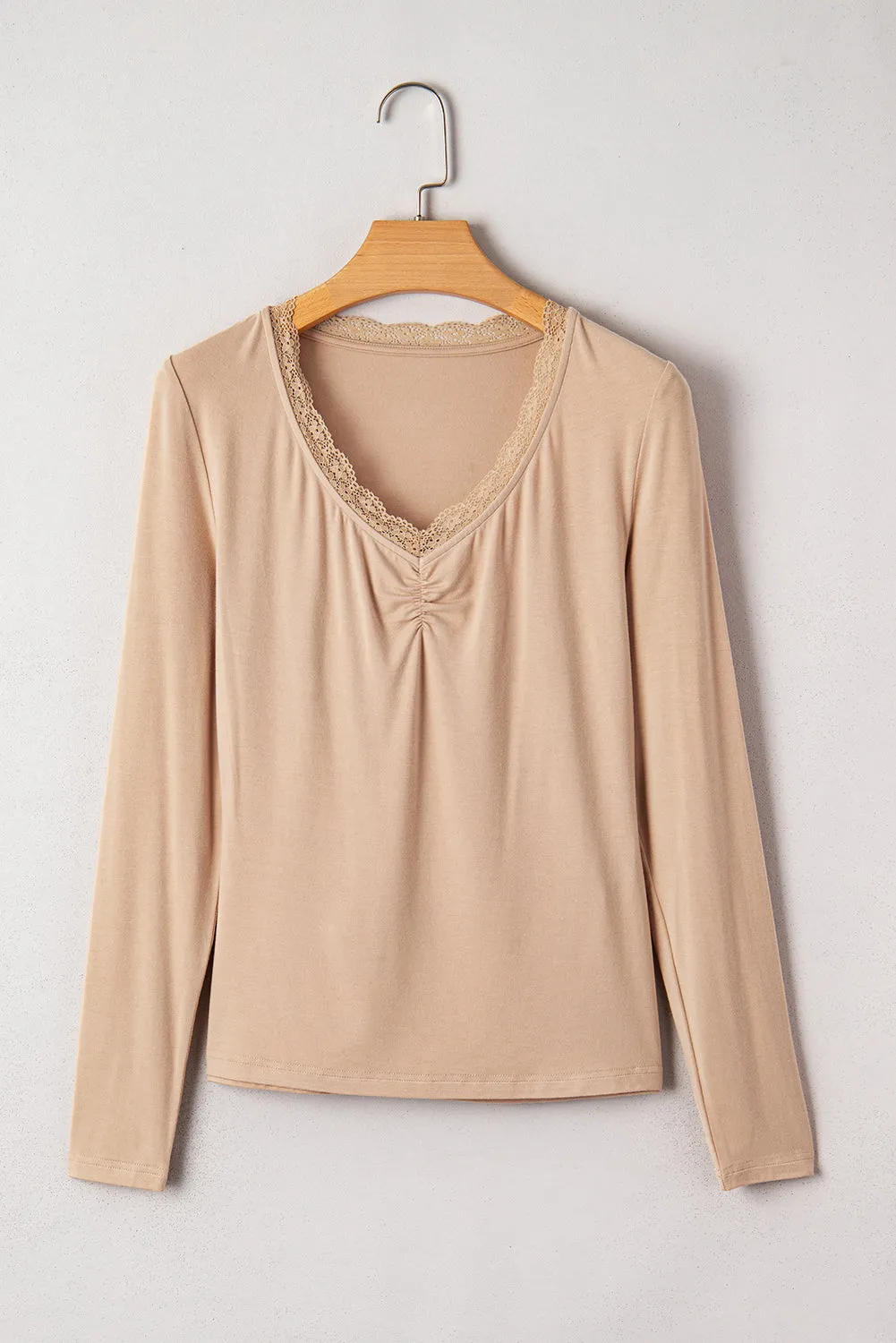 Lace-trimmed Sweetheart Neckline Ruched Detail Long Sleeve T-shirt sold by eAura