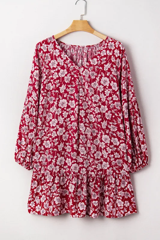 Purple Plus Floral Balloon Sleeve V Neck Relaxed Dress sold by eAura