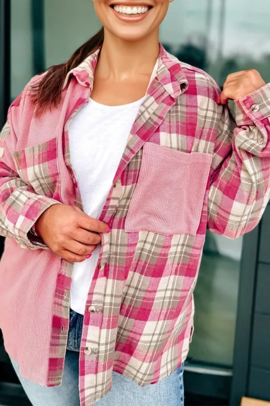 Pink Waffle Patch Pocket Plaid Patchwork Plus Size Shirt sold by eAura