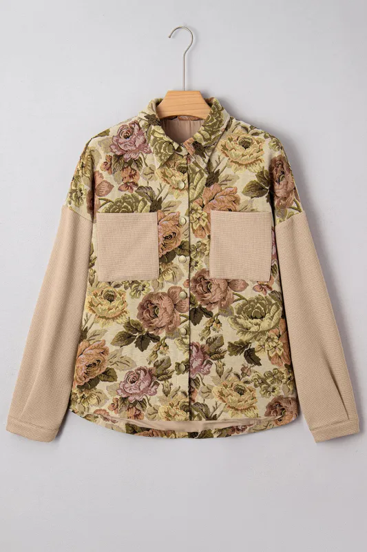 Khaki Floral Waffle Patchwork Chest Pockets Buttoned Jacket sold by eAura