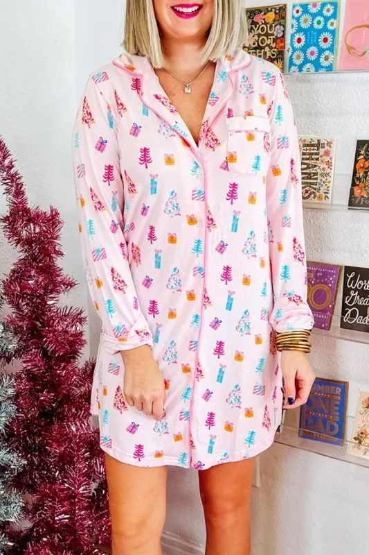 Pink Christmas Twinkle Tree Print Shirt Nightie Sleep Dress sold by eAura
