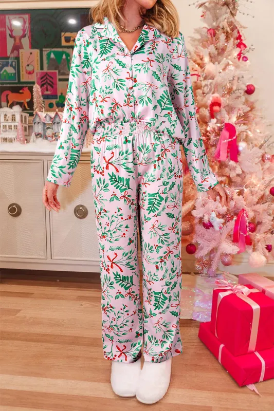 Pink Christmas Berries Print Satin Long Sleeve Pyjama Set sold by eAura