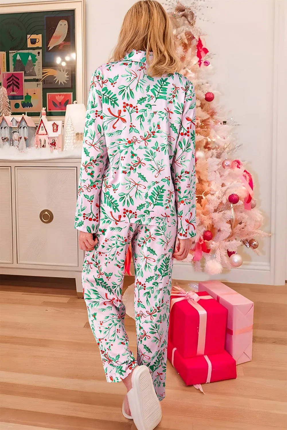 Pink Christmas Berries Print Satin Long Sleeve Pyjama Set sold by eAura product image thumbnail 2