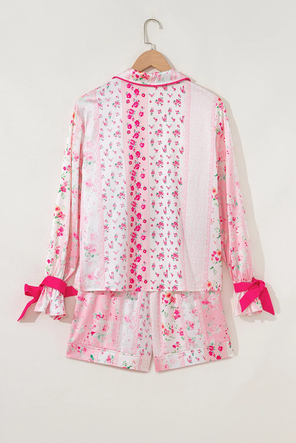 Pink Mixed Floral Print Contrast Piping Trim Satin Tie Pyjama Set sold by eAura product image thumbnail 5