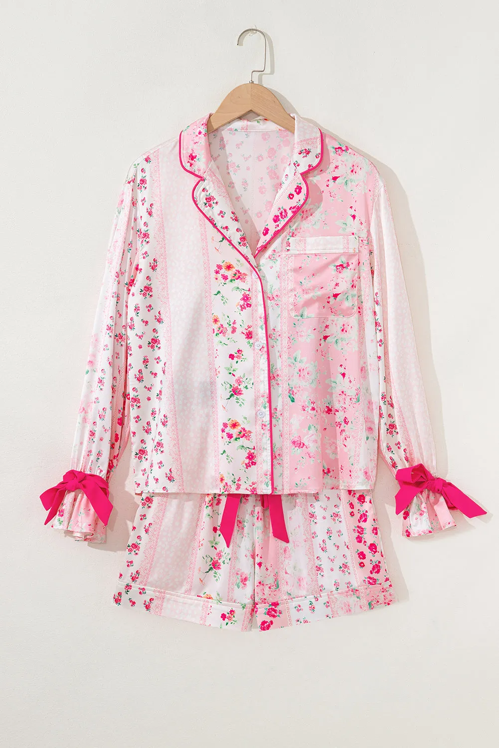 Pink Mixed Floral Print Contrast Piping Trim Satin Tie Pyjama Set sold by eAura product image thumbnail 4