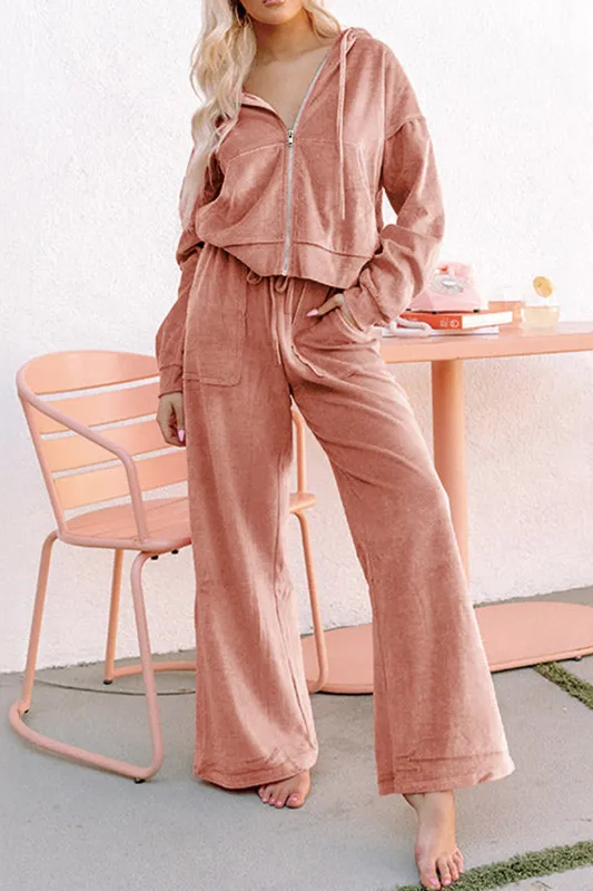 Peach Velvet Zip-up Hoodie and Wide Leg Trousers Co-ord Set sold by eAura