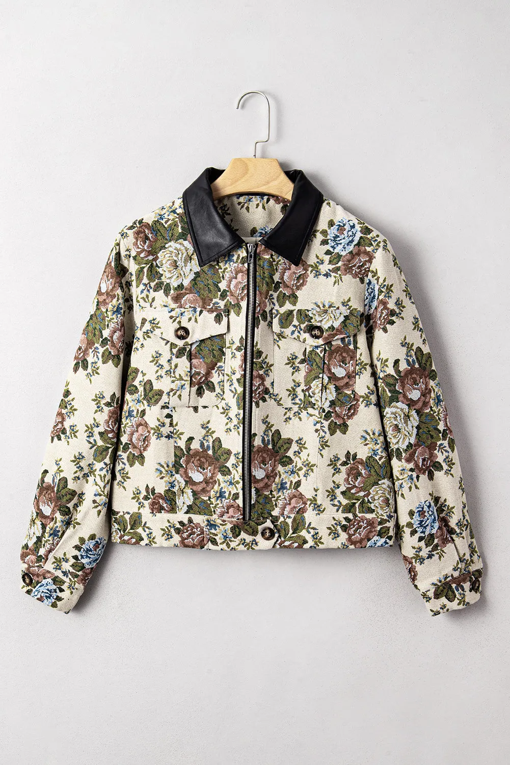 Khaki Floral Print Zip Up Contrast Collared Jacket sold by eAura