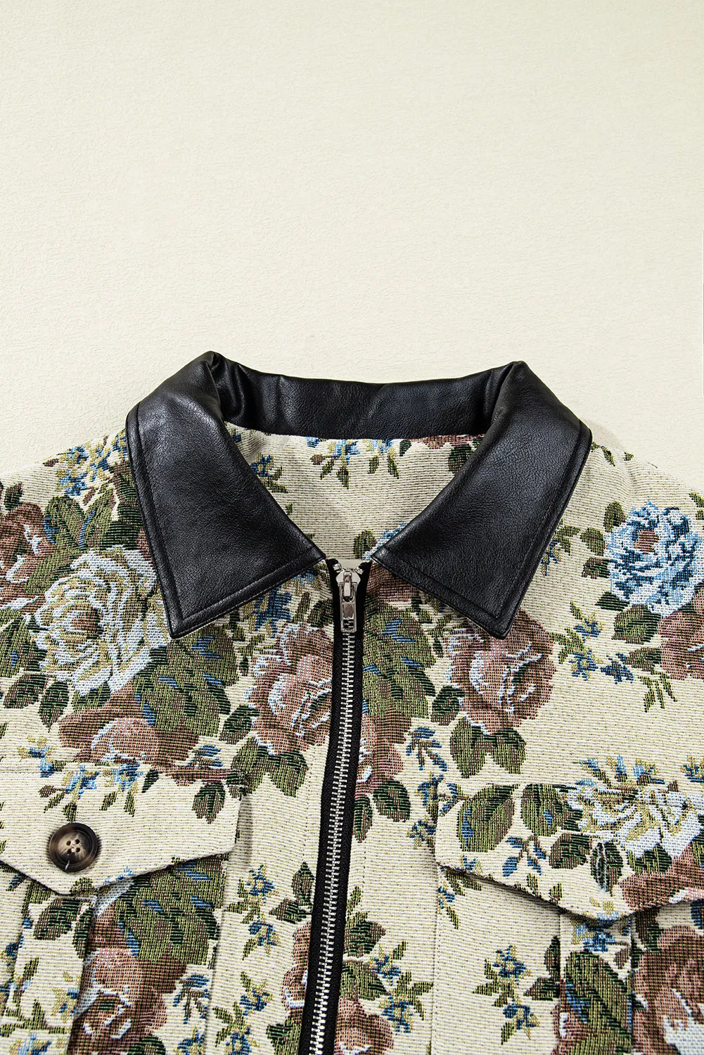 Khaki Floral Print Zip Up Contrast Collared Jacket sold by eAura product image thumbnail 3