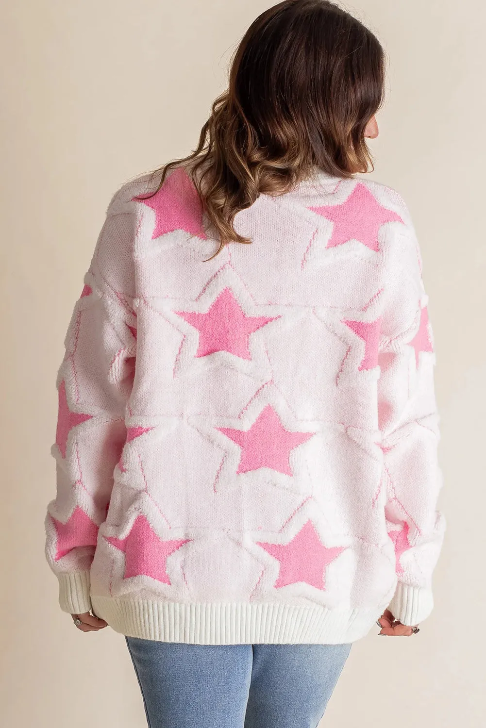 Pink Oversized Cute Star Pattern Ribbed Edge Drop Shoulder Sweater sold by eAura product image thumbnail 4