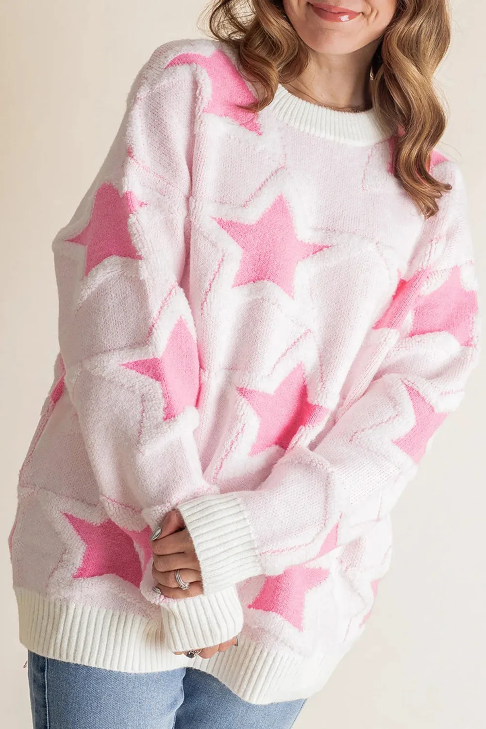 Pink Oversized Cute Star Pattern Ribbed Edge Drop Shoulder Sweater sold by eAura product image thumbnail 3