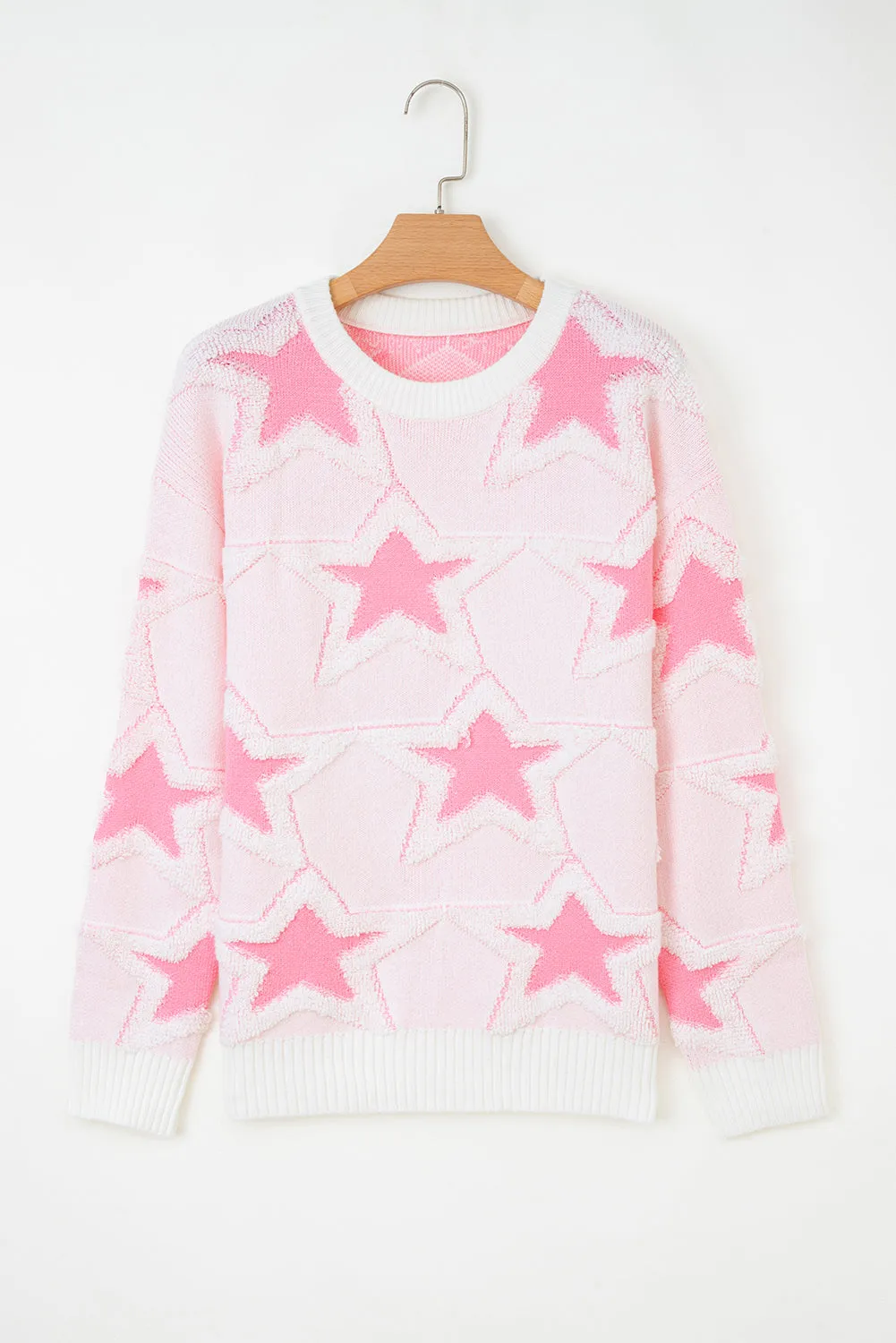 Pink Oversized Cute Star Pattern Ribbed Edge Drop Shoulder Sweater sold by eAura