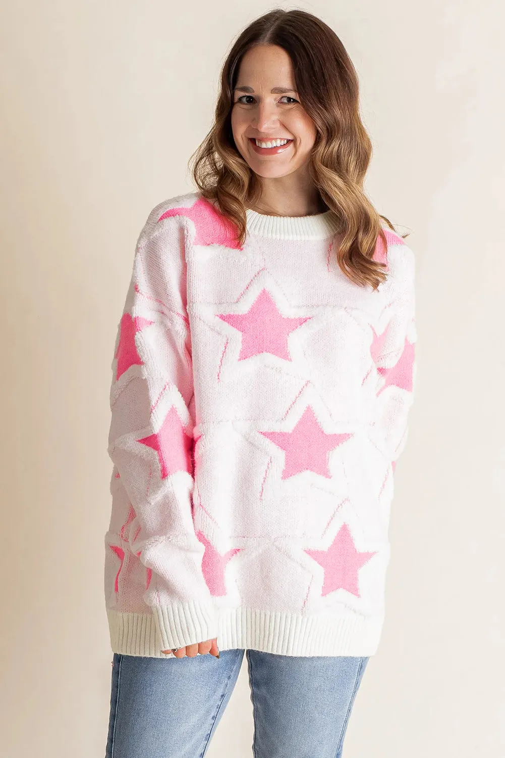 Pink Oversized Cute Star Pattern Ribbed Edge Drop Shoulder Sweater sold by eAura product image thumbnail 5