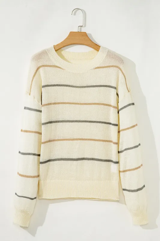 Striped Ribbed Edge Drop Shoulder Sweater sold by eAura