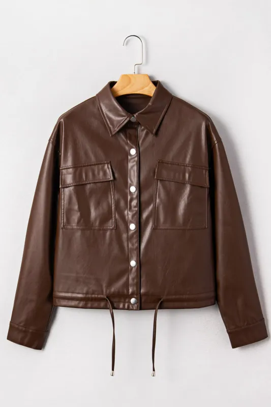 Brown Double Flap Pocket Drawstring Hem Leather Jacket sold by eAura