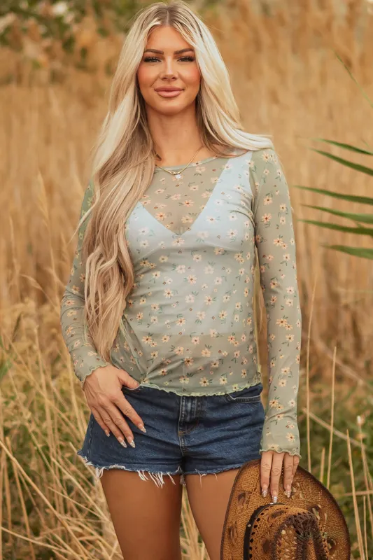 Floral Print Southern Style Mesh Long Sleeve Top sold by eAura