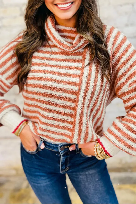 Orange Stripe Cowl Neck Drop Shoulder Sweater sold by eAura