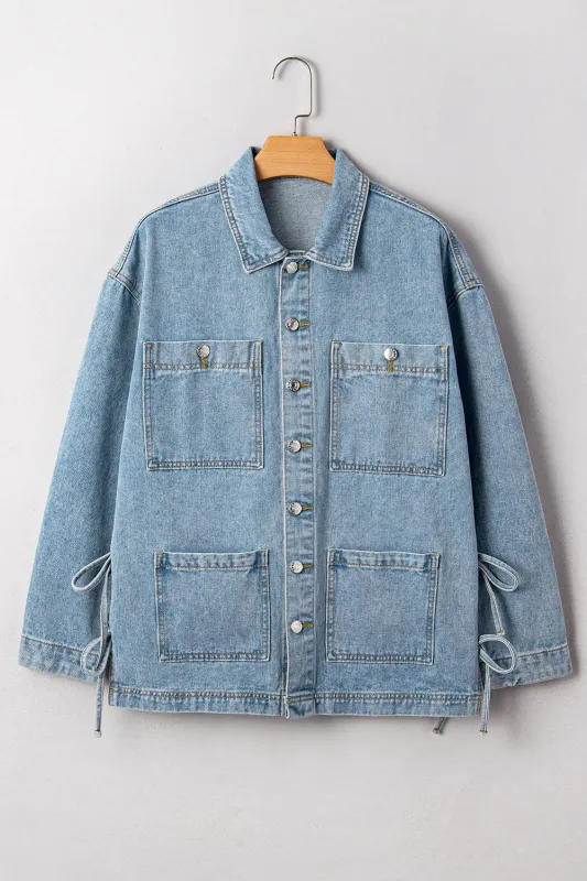 Beau Blue Multi Patched Pockets Side Tie up Boyfriend Style Denim Jacket sold by eAura