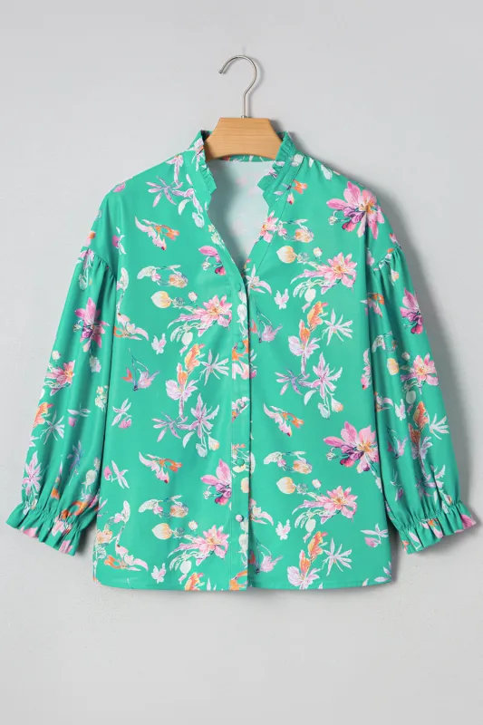 Green Floral Lantern Sleeve Button Front Shirt sold by eAura