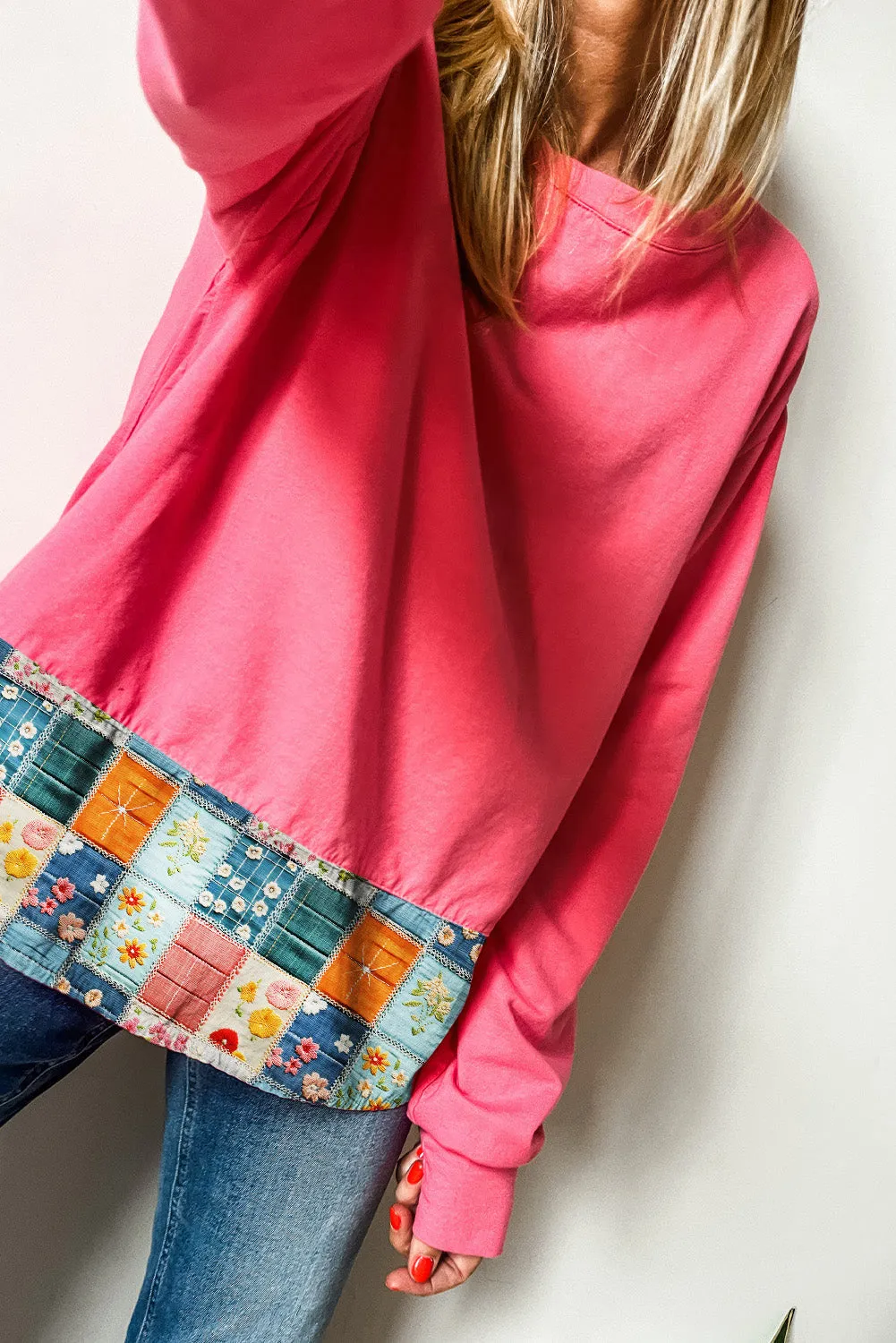 Strawberry Pink Floral Hemline Patchwork Round Neck Casual Top sold by eAura product image thumbnail 3