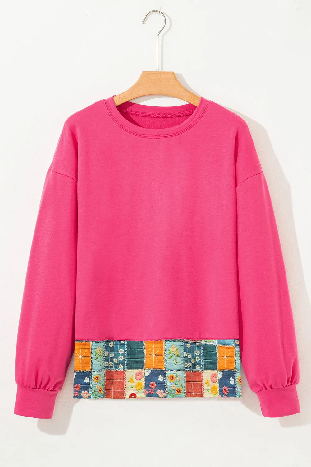 Strawberry Pink Floral Hemline Patchwork Round Neck Casual Top sold by eAura product image thumbnail 4