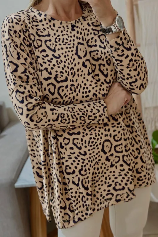 Khaki Leopard Print Long Batwing Sleeve Loose Top sold by eAura