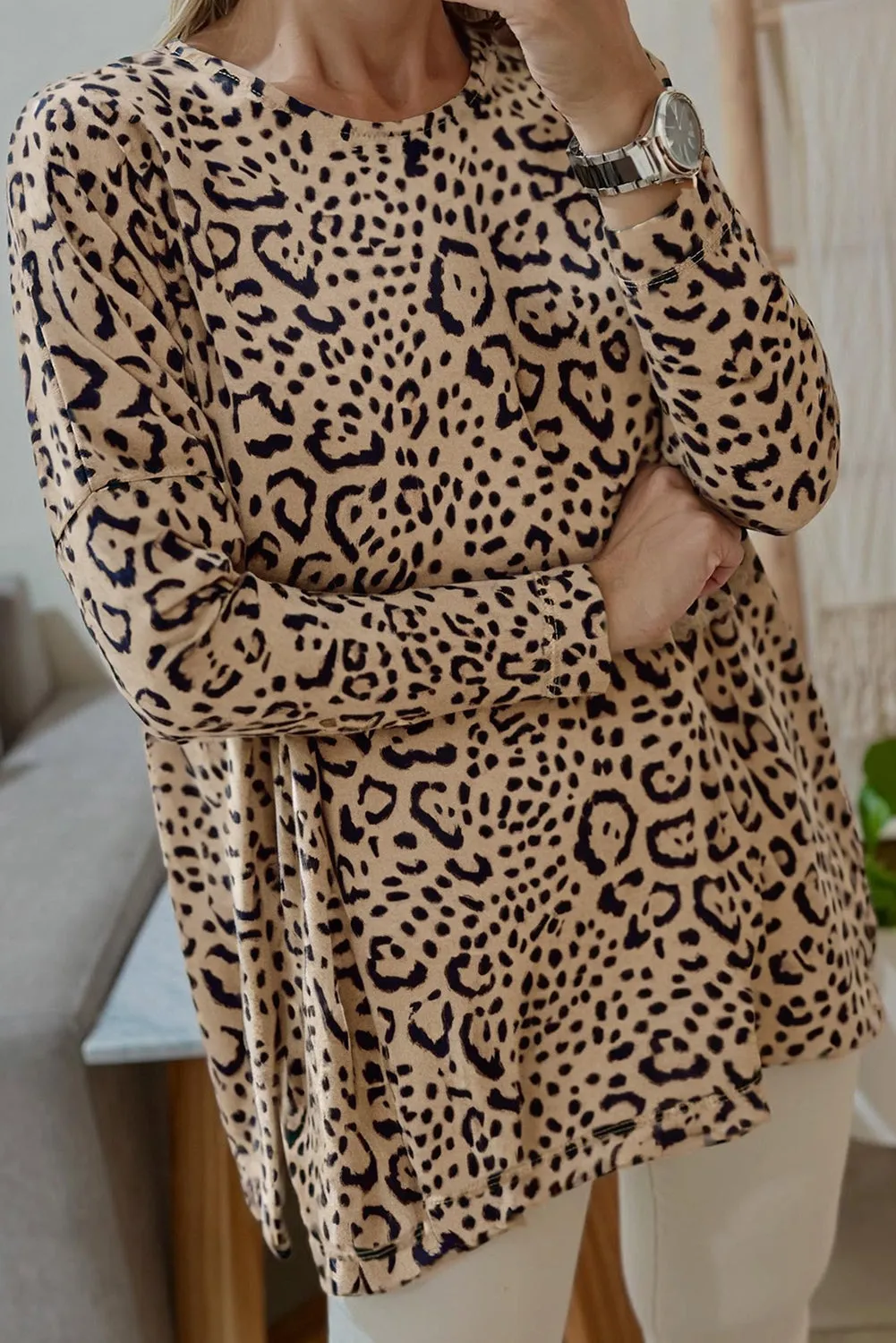 Khaki Leopard Print Long Batwing Sleeve Loose Top sold by eAura