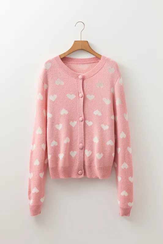 Light Pink Heart Pattern Button Front Cardigan Sweater sold by eAura