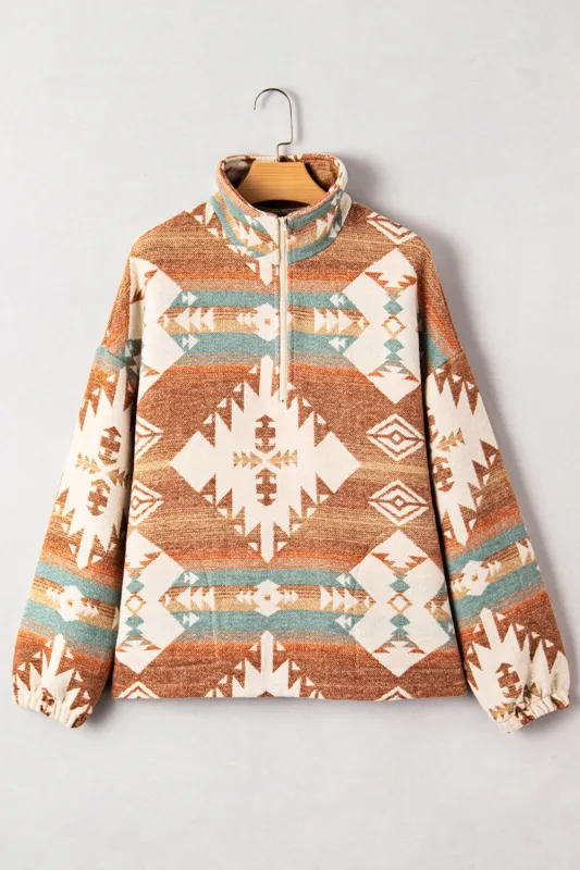 Quarter Zip Elastic Cuffs Aztec Sweatshirt sold by eAura